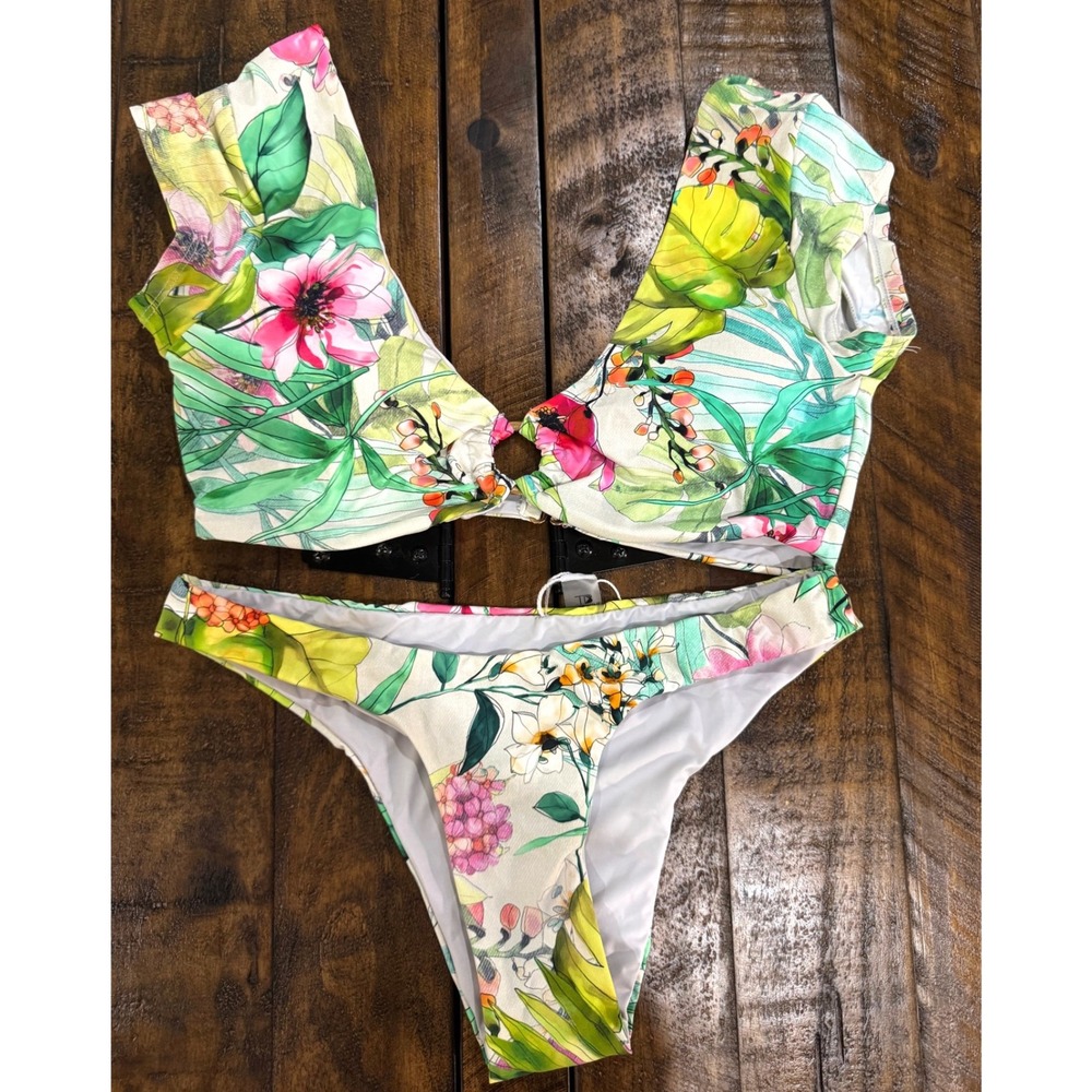 TiNiBiKiNi NWT‎ Tropical Floral O-Ring Cap Sleeve Festival Bikini Thong Size M